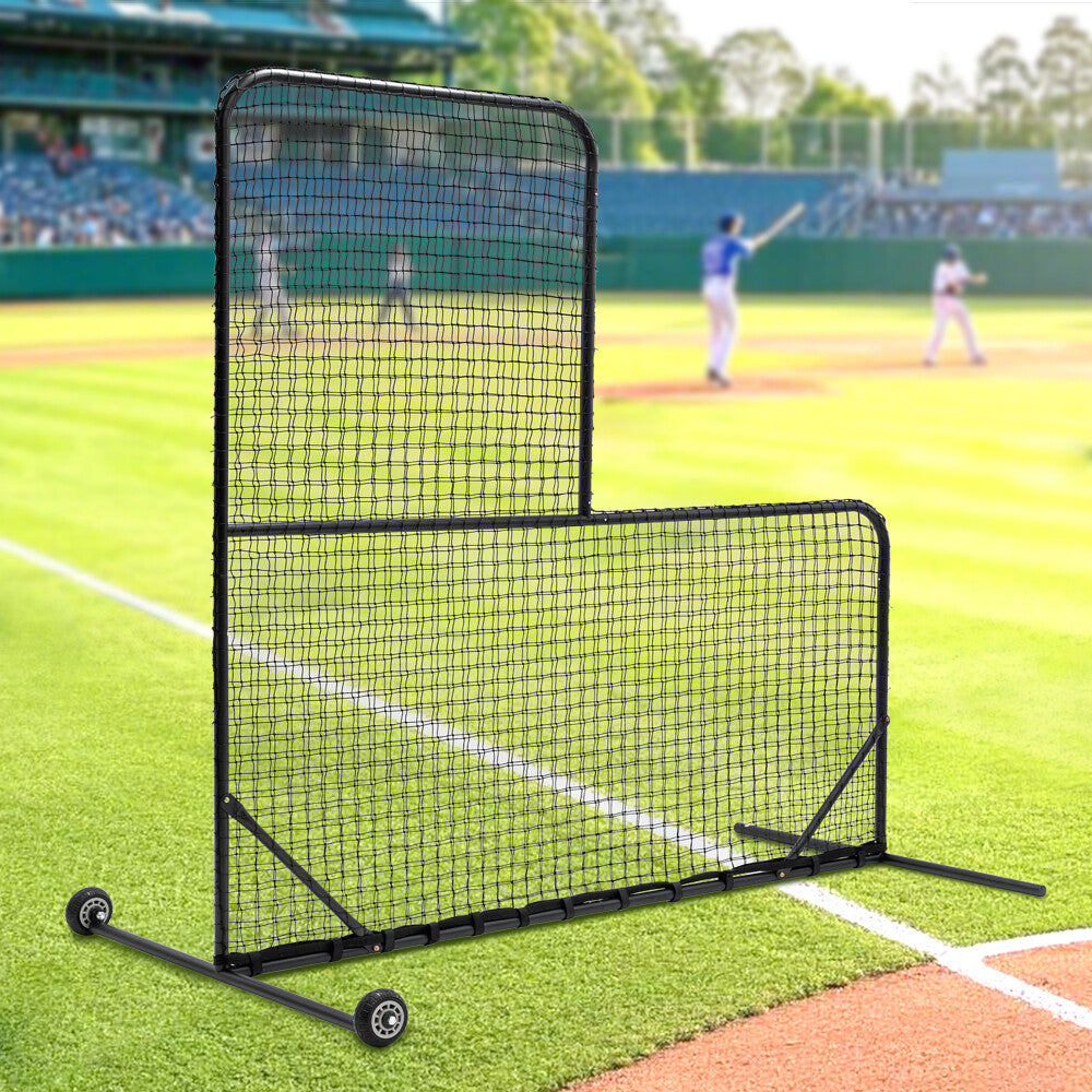 L-Shaped Baseball Net for Batting Cages, Baseball Pitching Net with Wheels