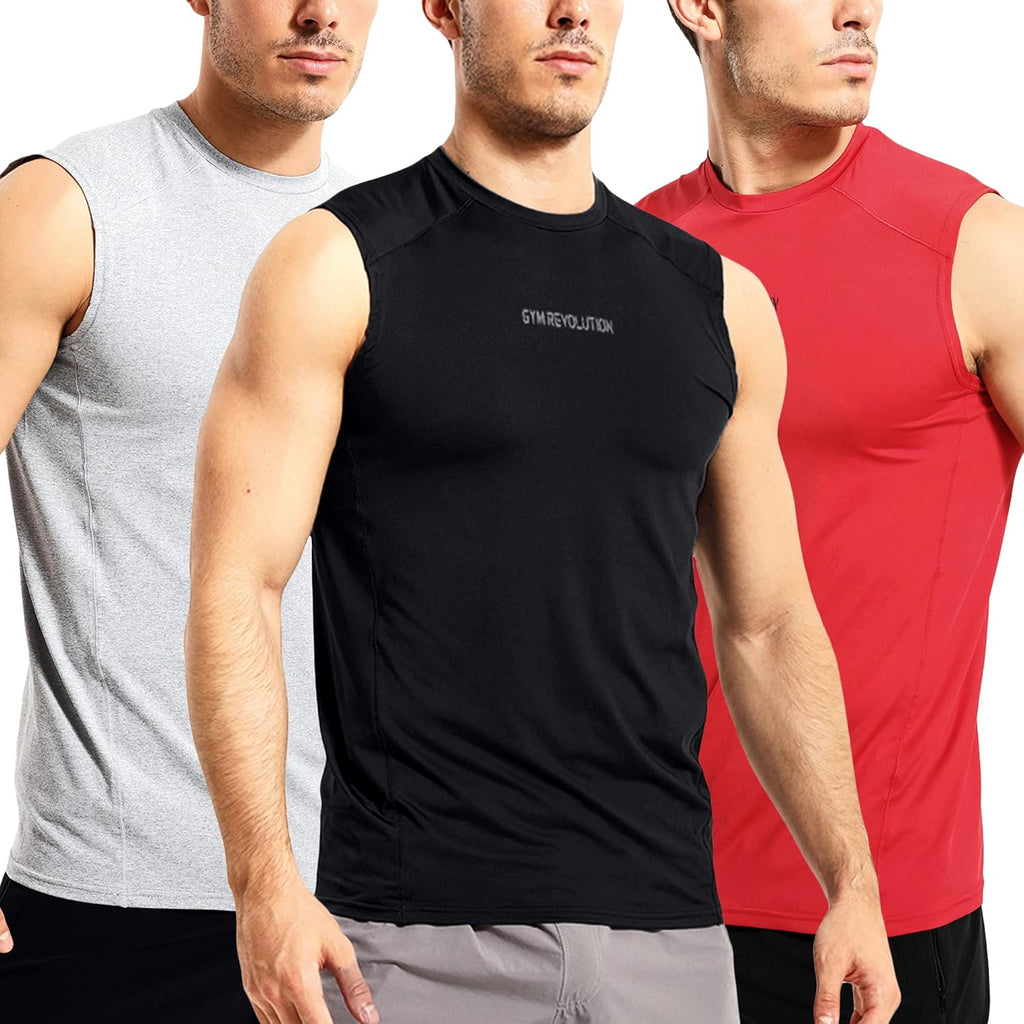 Men'S 3 Pack Workout Gym Muscle Sleeveless Shirts Fitness Running Quick Dry Tank Tops Black Grey Red XL