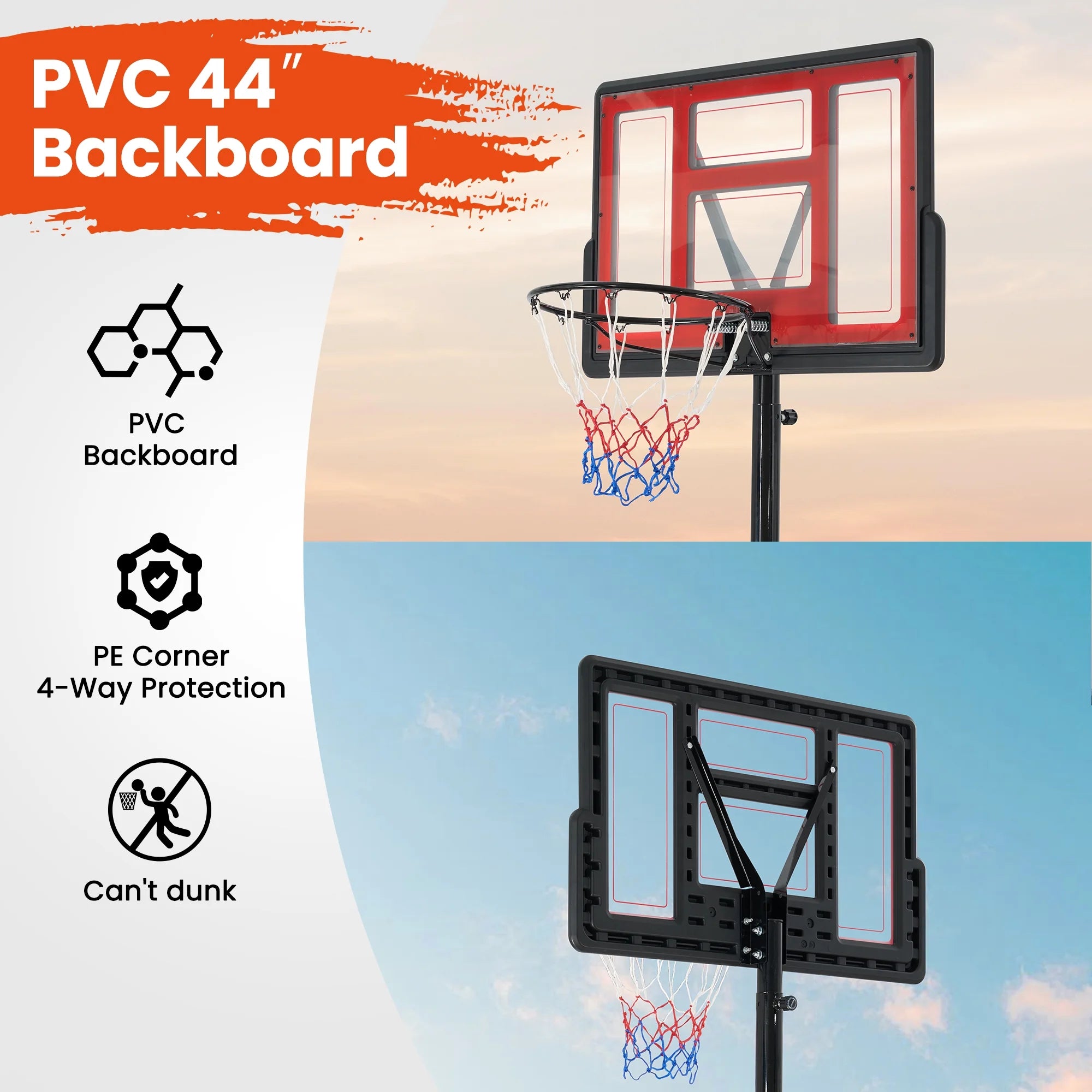 Portable Basketball Goal Basketball Hoop 44 Inch Outdoor Basketball Hoops Backboard with 7 .5 to 10 Ft Adjustable Indoor