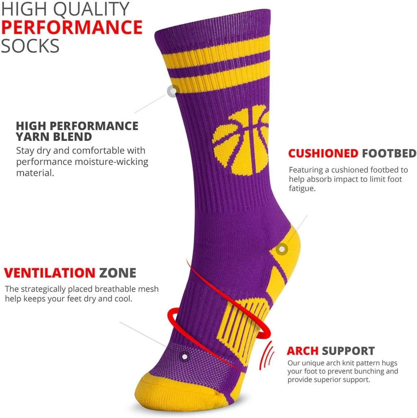 Basketball Performance Crew Socks - Multiple Colors - Youth & Adult - Elite Basketball Mid-Calf Socks