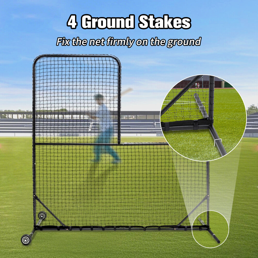 L-Shaped Baseball Net for Batting Cages, Baseball Pitching Net with Wheels