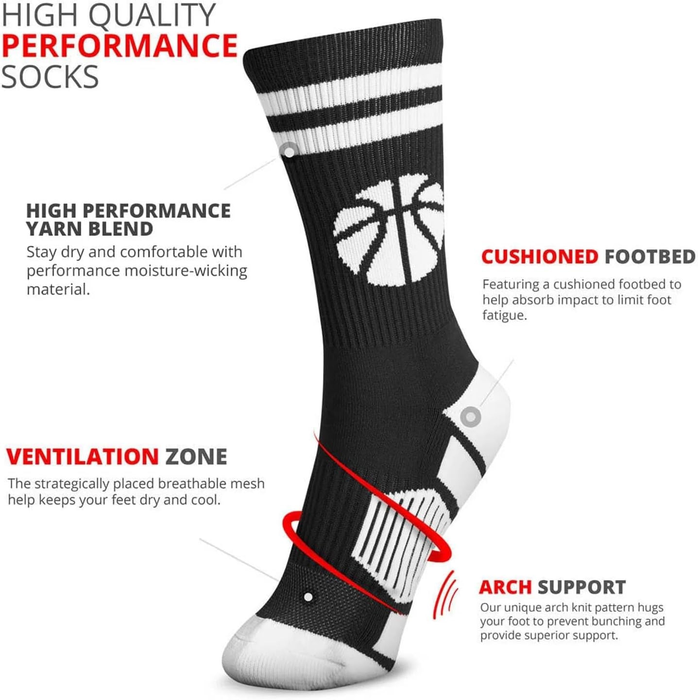 Basketball Performance Crew Socks - Multiple Colors - Youth & Adult - Elite Basketball Mid-Calf Socks
